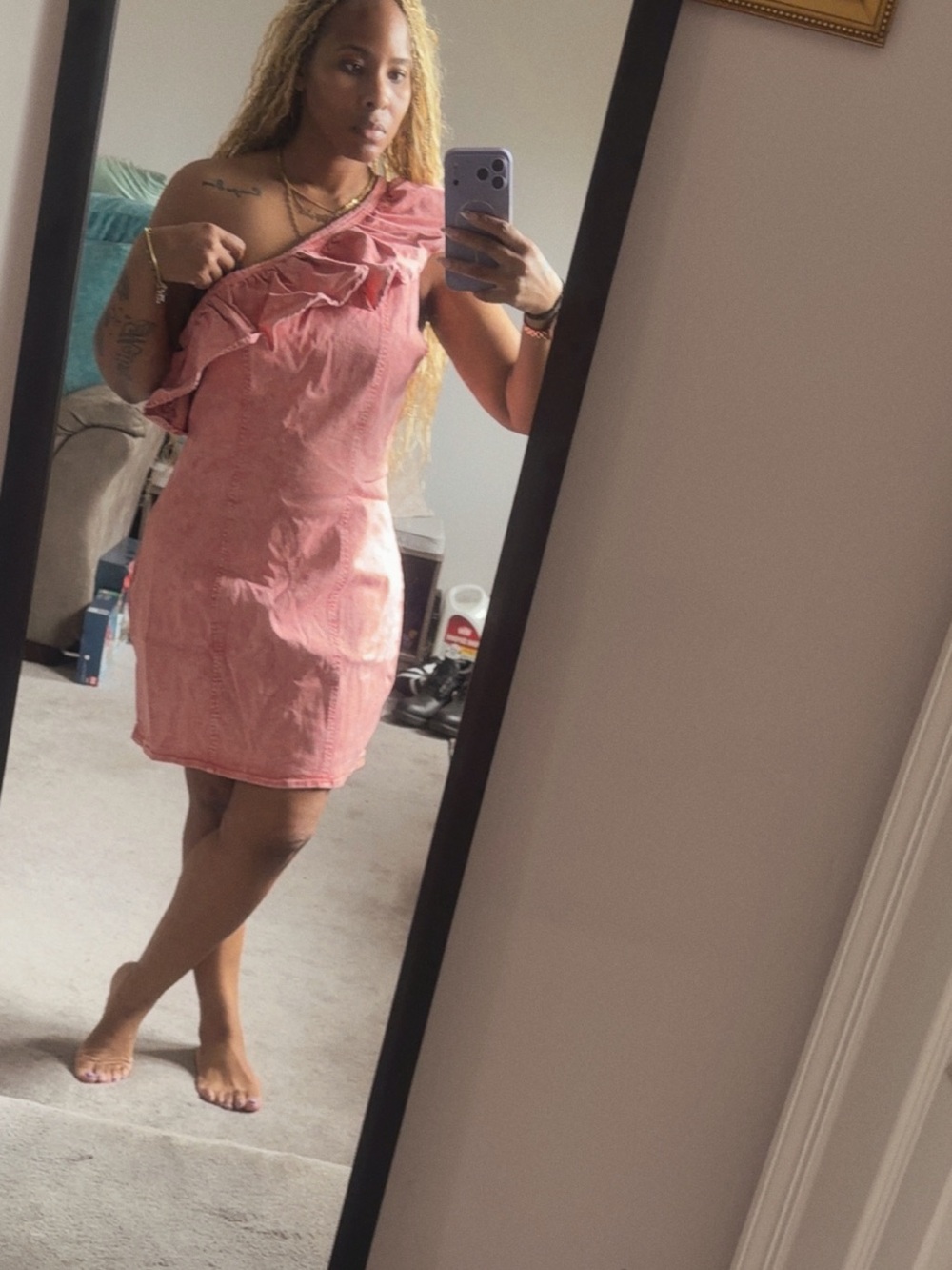 Pink One-Shoulder Ruffle Dress